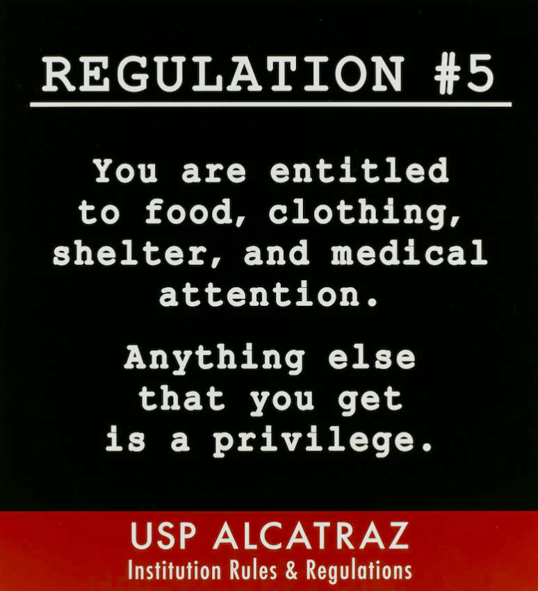 Red and black decorative metal sign with Alcatraz Regulation 5 ("You are entitled to food, clothing...") printed in white.