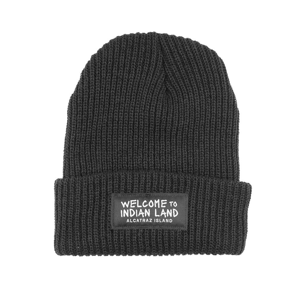 Black beanie with 'Welcome to Indian Land Alcatraz Island' patch