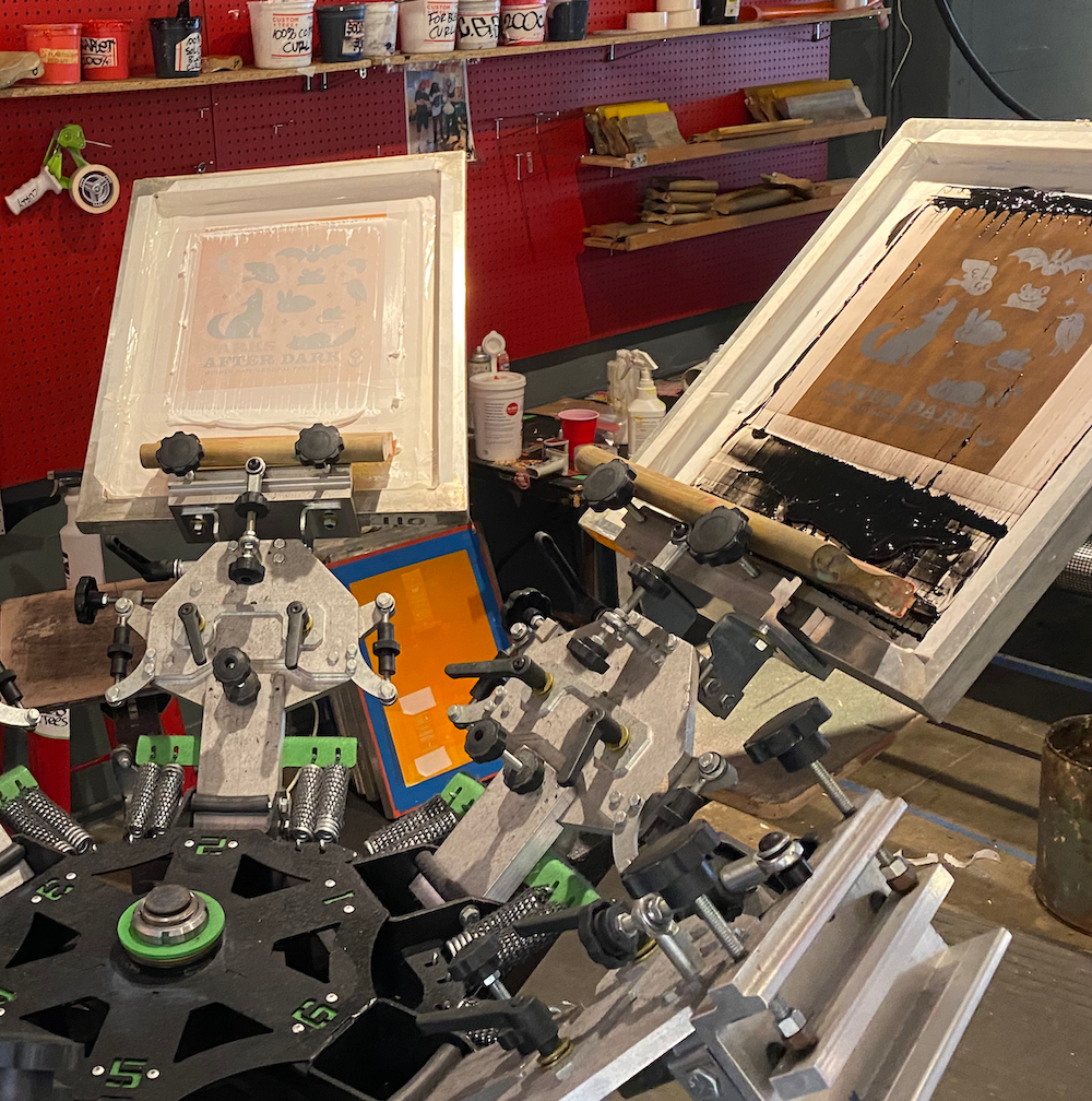 Photograph of screen printing set-up for Parks After Dark Collection, Golden Gate National Parks Conservancy in partnership with Babylon Burning.