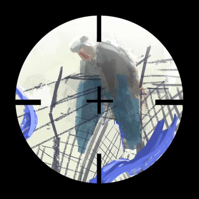 Sketch artwork of Joseph Bowers climbing over a fence by Logan Pearsall from Escape from Alcatraz Comic Book series, published by Golden Gate National Parks Conservancy