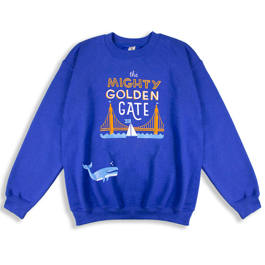 Blue-purple kids sweatshirt with colorful screen-printed design on chest of the Mighty Golden Gate illustration with whale and bridge and saillboat