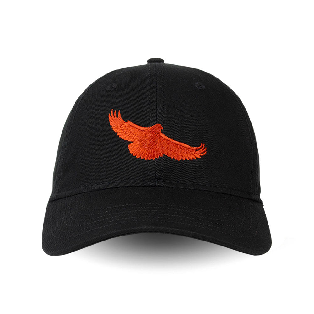 Black baseball cap with embroidered Golden Gate Raptor Observatory logo, orange hawk