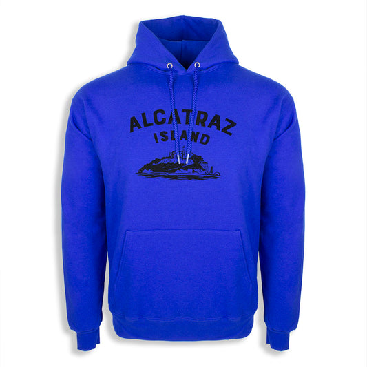 Bright blue hoodie with Alcatraz Island text and design screen-printed in black on chest