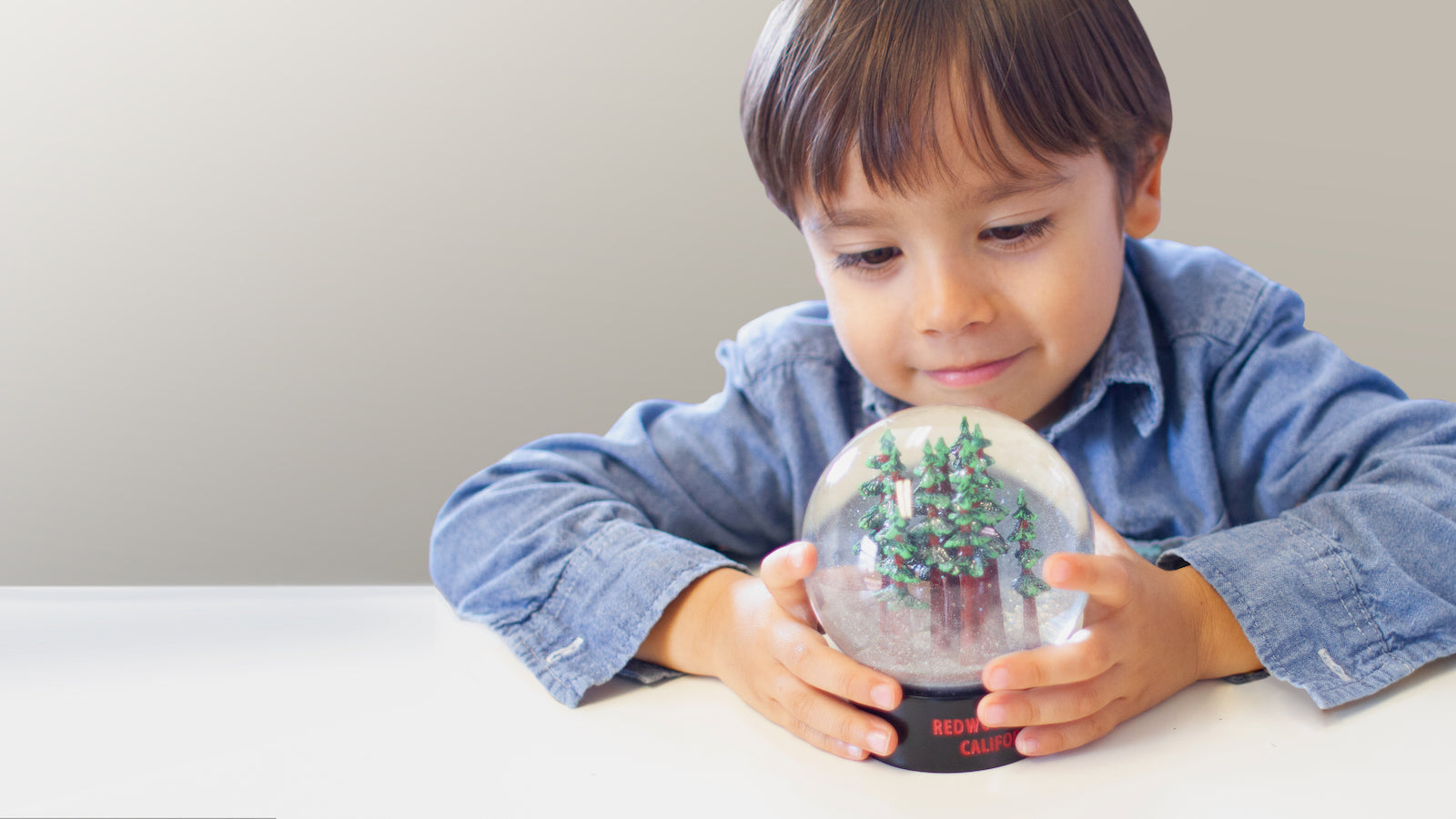 Young boy wearing a blue denim shirt smiles while he gazes at the glittering Redwood Fog Globe he holds, his arms resting on a white tabletop.