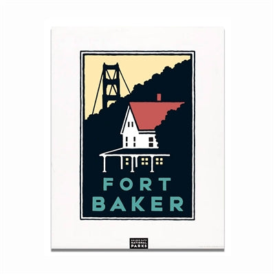 A poster featuring a stylized illustration of Fort Baker, which includes a depiction of a house, bridge, and park scenery, with the text 'FORT BAKER' at the bottom.