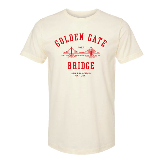 Cream colored crewneck t-shirt with red Golden Gate Bridge retro-inspired design screen-printed on chest, by the Golden Gate National Parks Conservancy