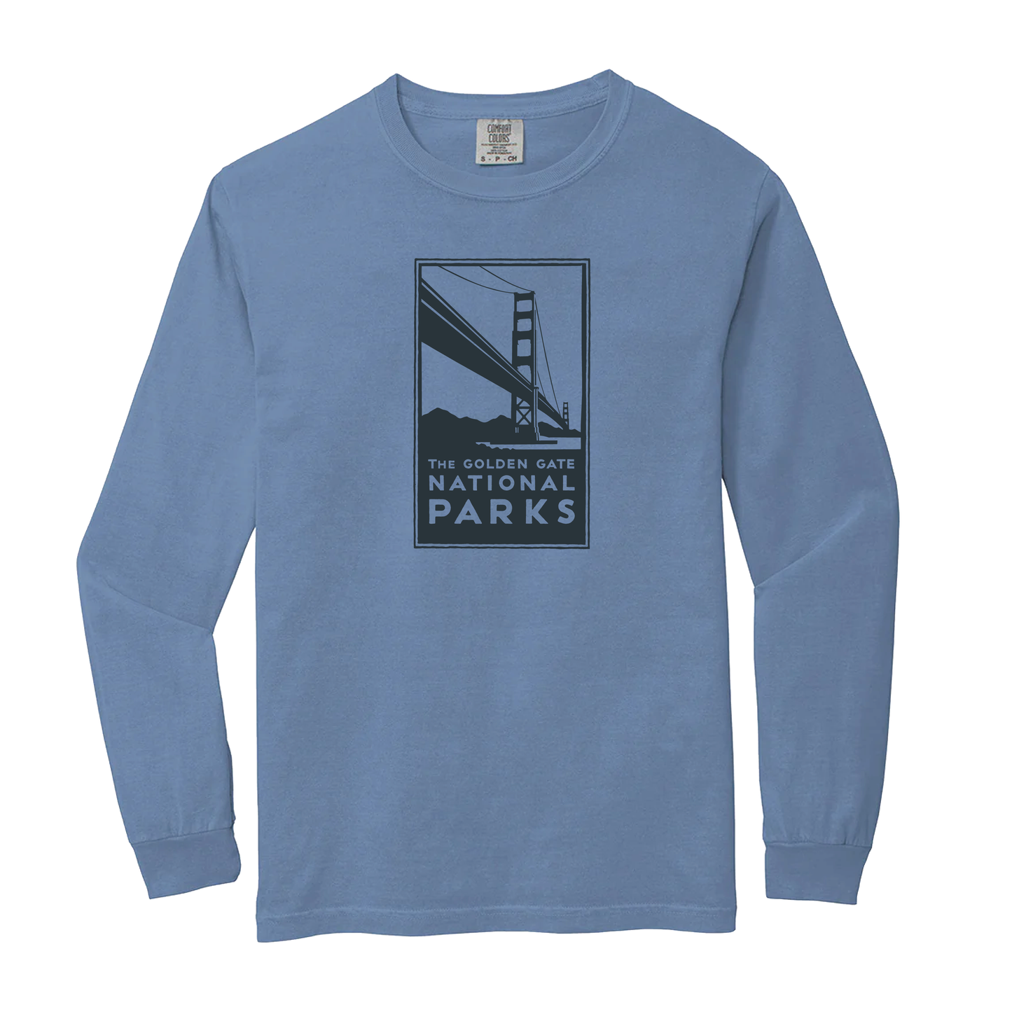 Blue long-sleeve shirt with Golden Gate National Parks graphic on a white background