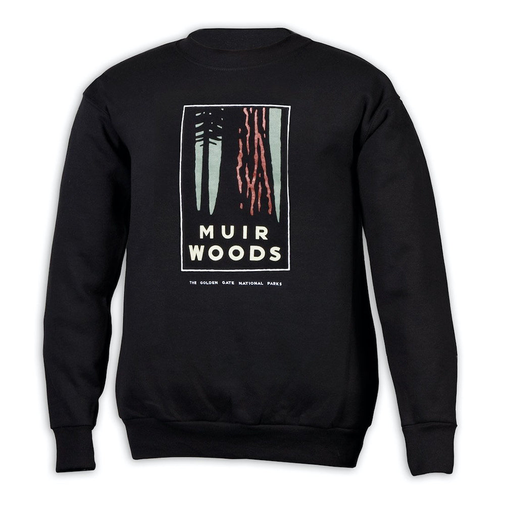 Black crew neck sweatshirt with colorful screen-printed design of Muir Woods on chest. Artwork by Michael Schwab.