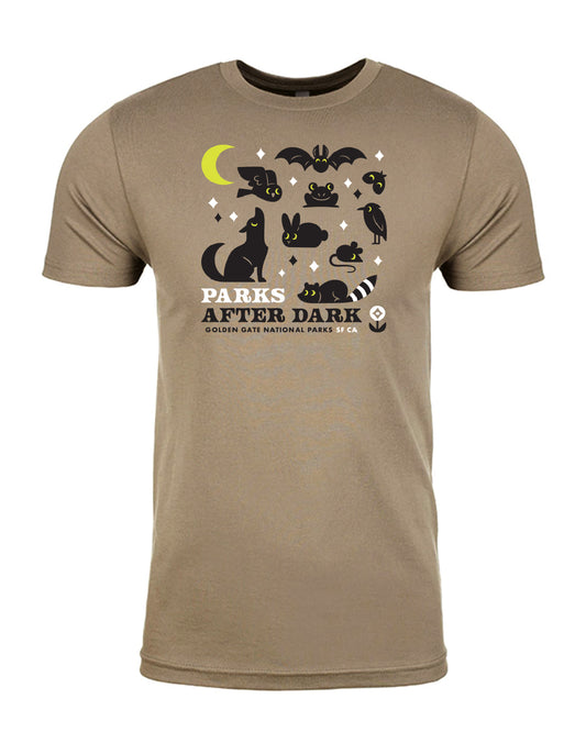 Parks After Dark adult unisex t-shirt, black and white screen-print design on tan brown tee, with glow-in-the-dark yellow accents.