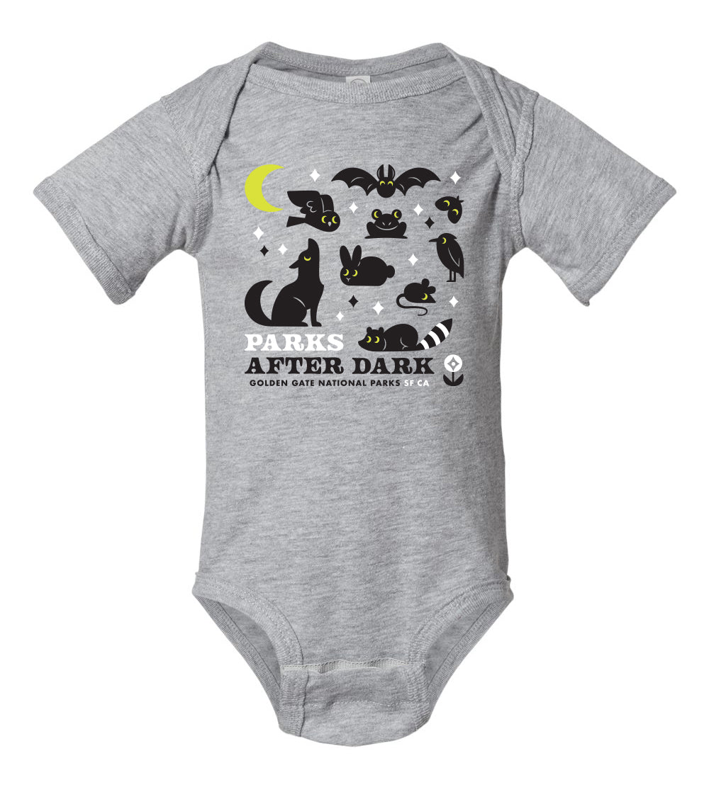 Parks After Dark baby onesie, black and white screen-print design on heather gray onesie, with glow-in-the-dark yellow accents.