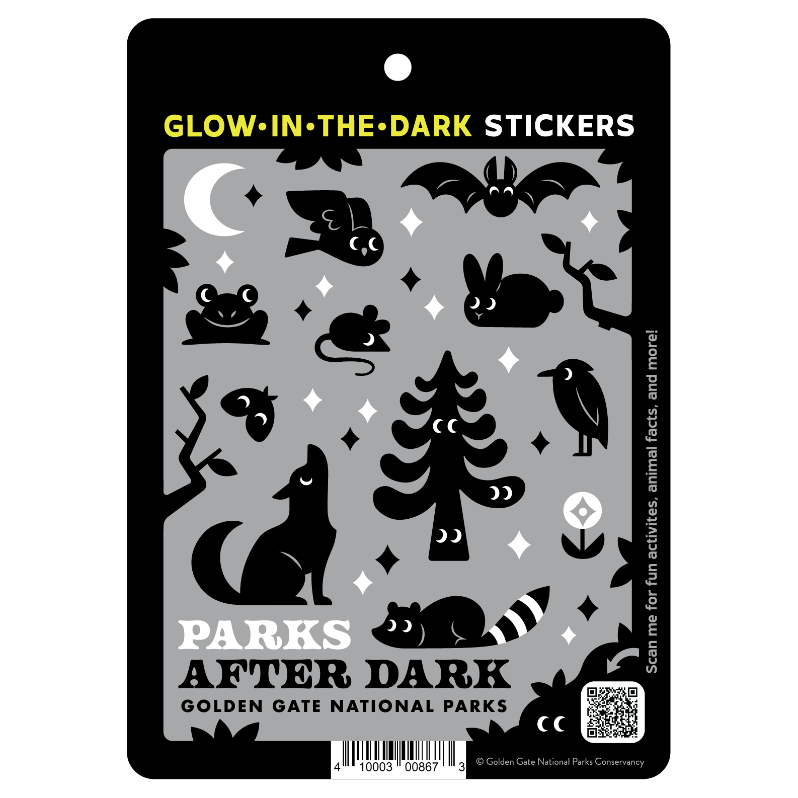 Glow in the dark Parks After Dark sticker set with cute nighttime animals. 