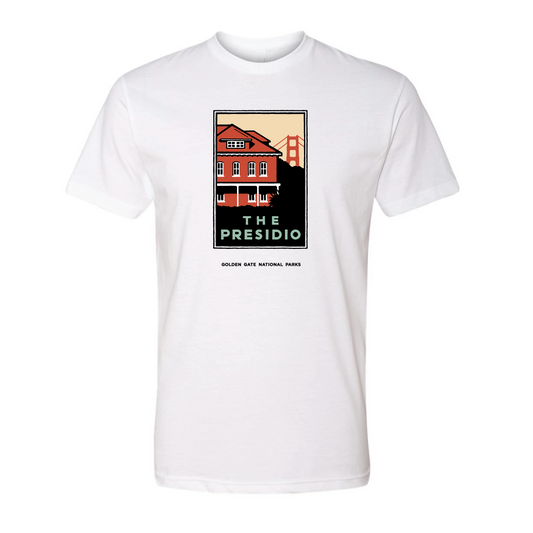 White t-shirt with colorful The Presidio screen-printed design on chest, artwork by Michael Schwab.