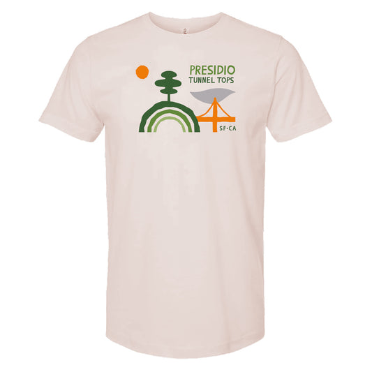 Cream colored crew neck t-shirt with multicolored Presidio Tunnel Tops screen-printed design on chest, by the Golden Gate National Parks Conservancy