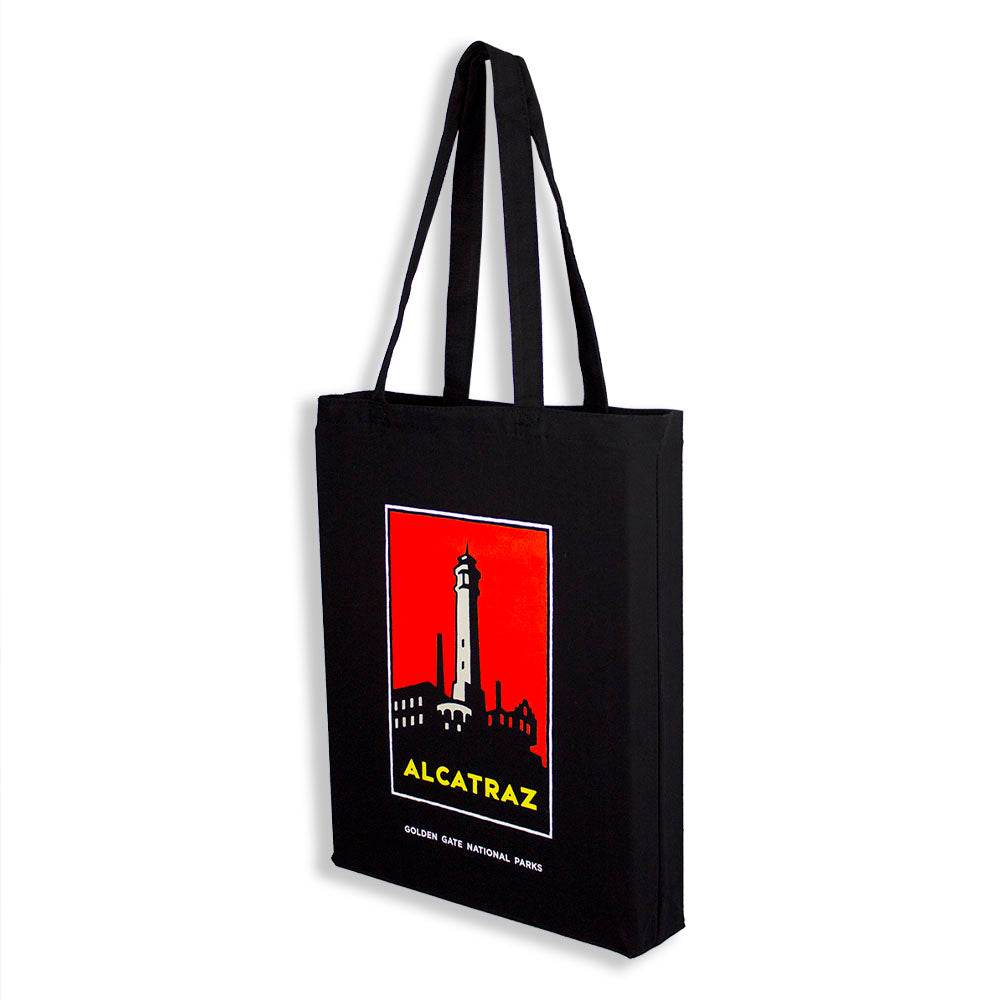 Black Alcatraz lighthouse tote bag with art by Michael Schwab, produced by the Golden Gate National Parks Conservancy