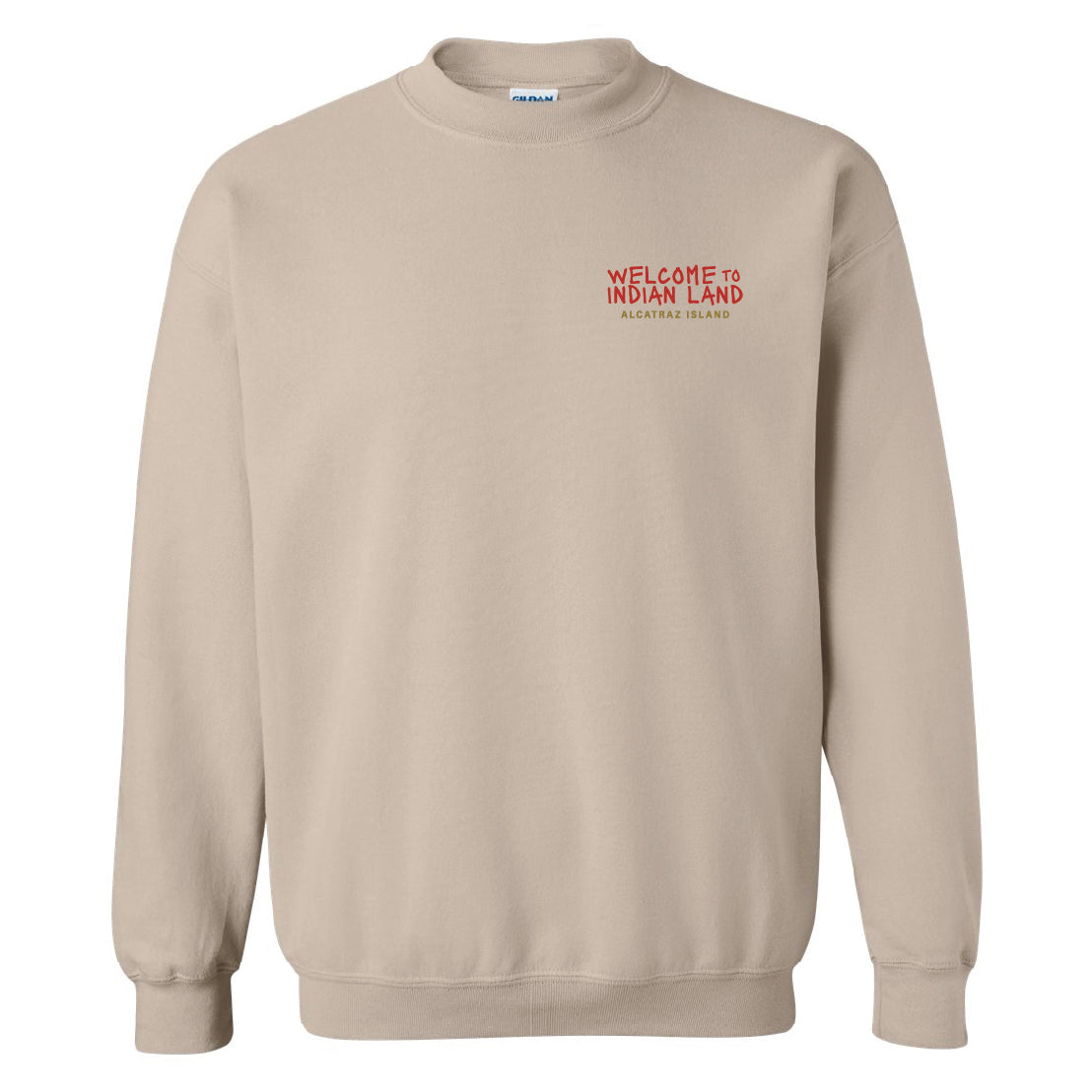 Alcatraz Welcome to Indian Land sweatshirt with red and yellow graphics