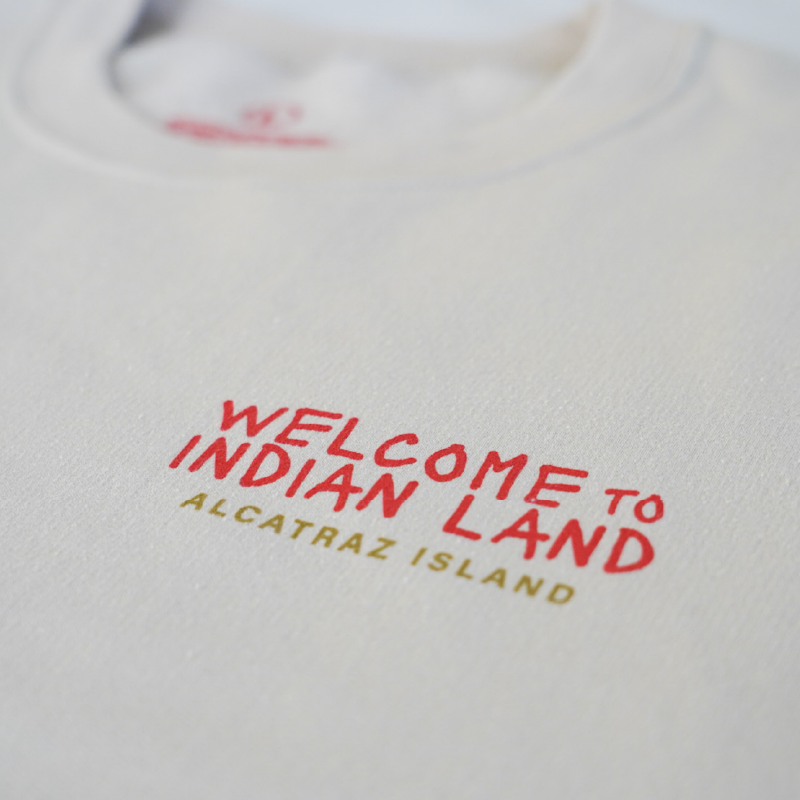 Alcatraz Welcome to Indian Land sweatshirt with red and yellow graphics