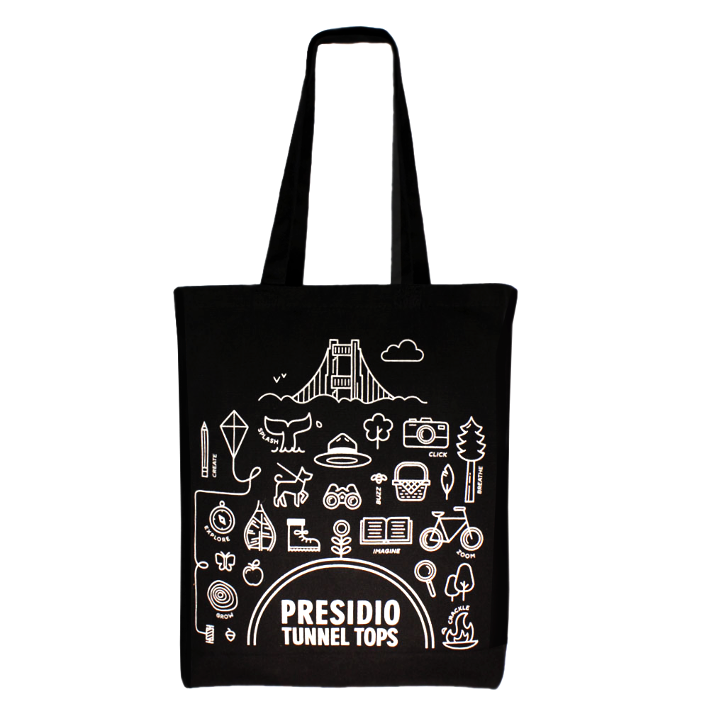 Black cotton tote bag with white Presidio Tunnel Tops design on front.