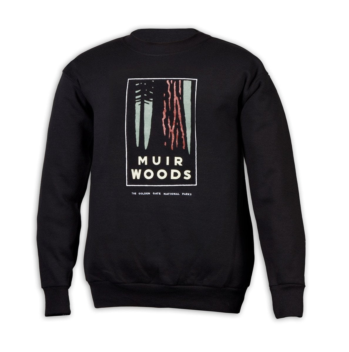 Black crew neck sweatshirt with colorful screen-printed design of Muir Woods on chest. Artwork by Michael Schwab.