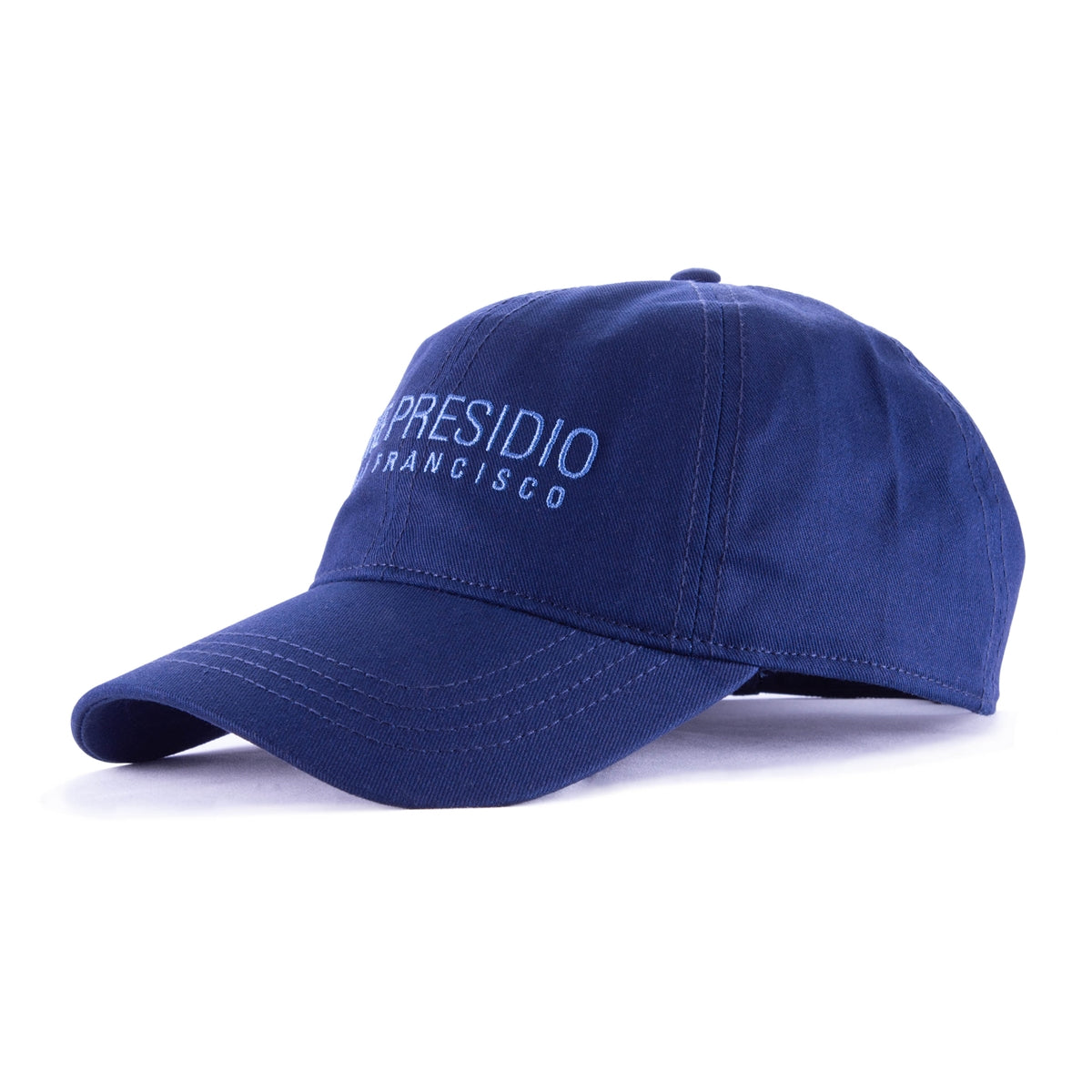 Blue baseball cap with blue The Presidio San Francisco words embroidered on front panels.