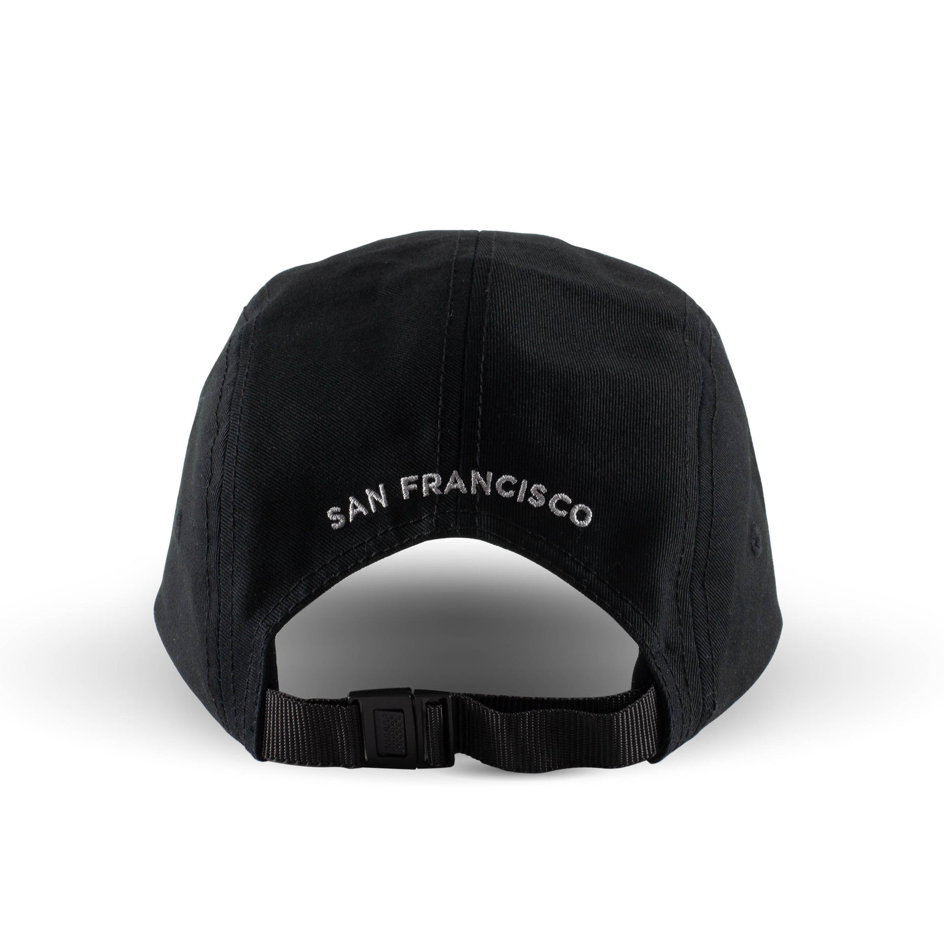 Back view of black baseball cap with San Francisco in capital letters embroidered in silver above adjustable closure.