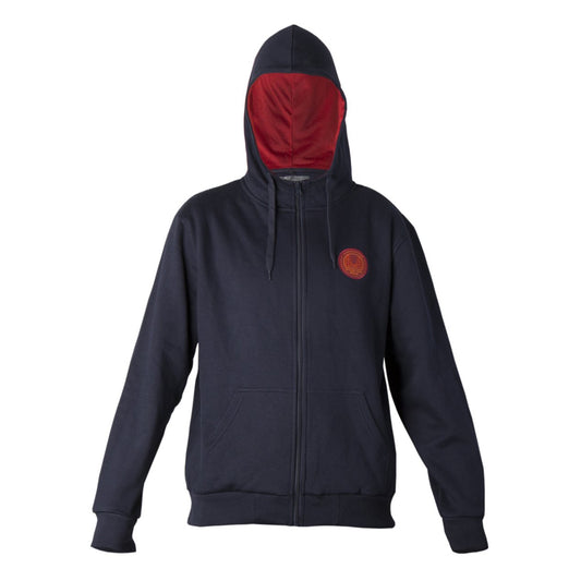 Navy blue hoodie with orange hood-lining accent and embroidered orange and red Golden Gate Bridge logo on left chest.