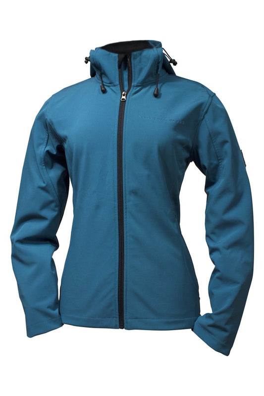 Teal blue women's softshell jacket with drawstring hood and embroidered Golden Gate Bridge text on left breast.