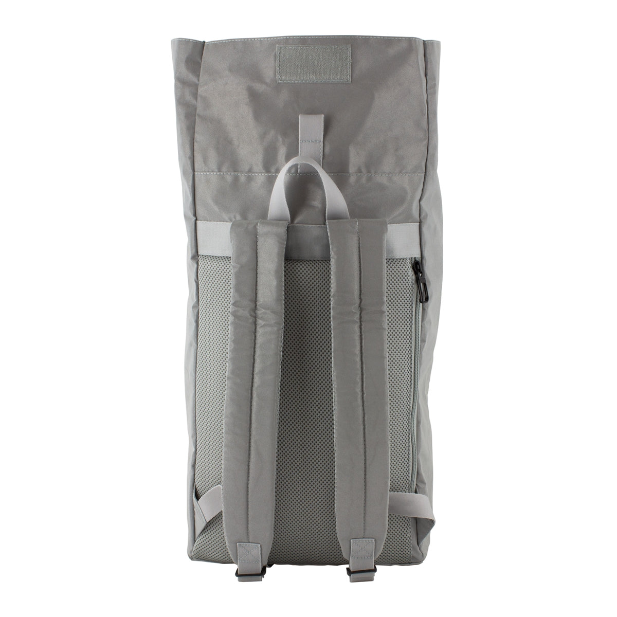 Reflective grey backpack with black and grey San Francisco Be Seen logo on front pocket.