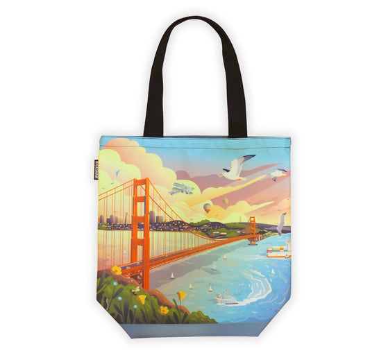 Colorful tote bag with whimsical illustration of Golden Gate Bridge and San Francisco printed on front panel.