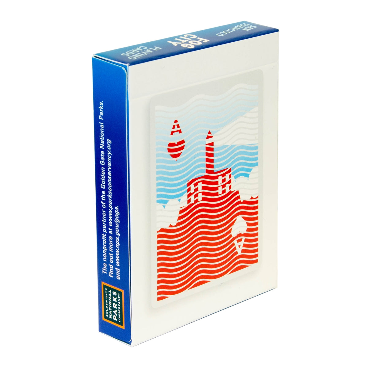 Colorful San Francisco Fog City playing cards with disappearing city landmarks.