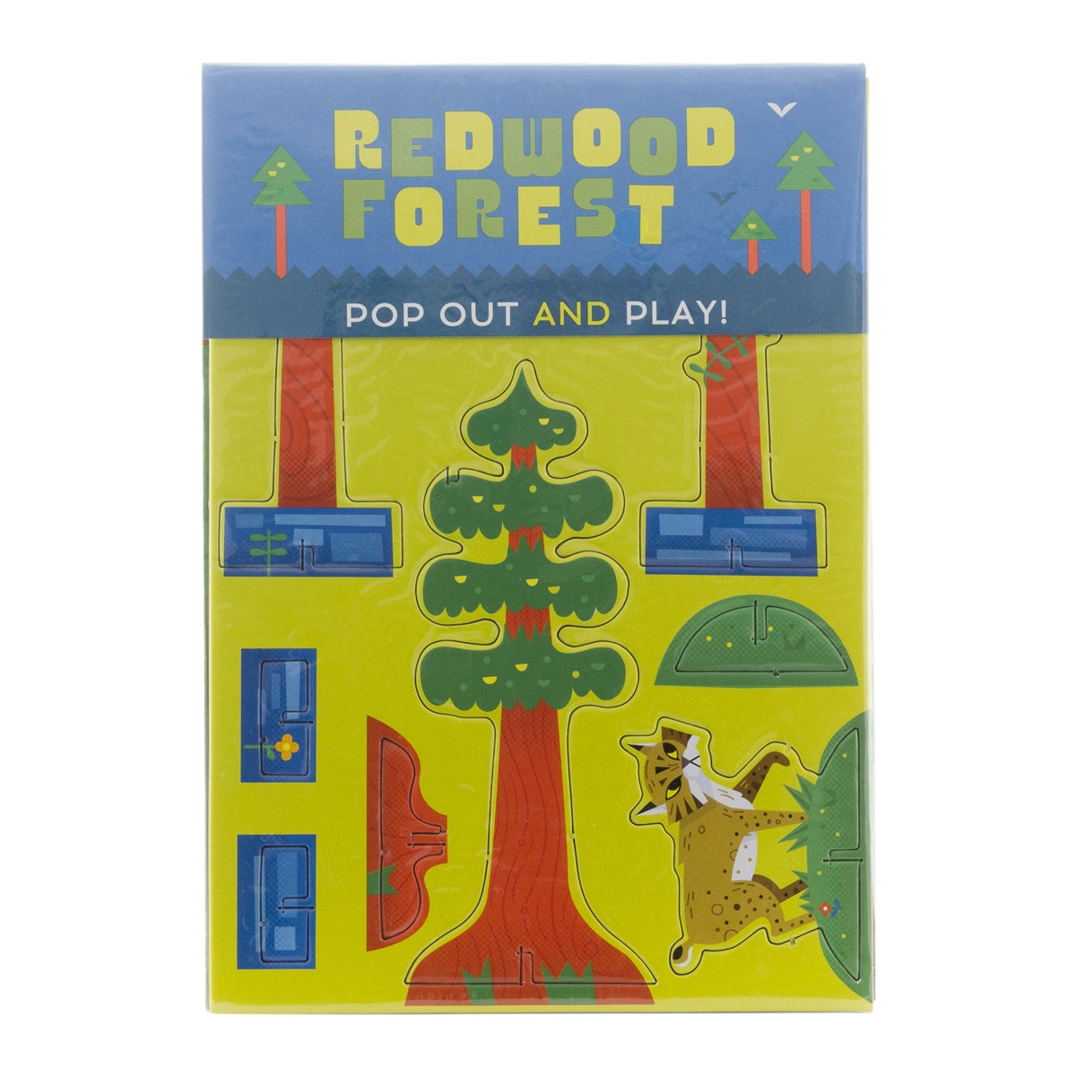 Flat-packed and packaged Redwood Forest Pop-out and Play kids activity kit, with puzzle pieces featuring colorful forest characters like a bobcat and redwood trees.