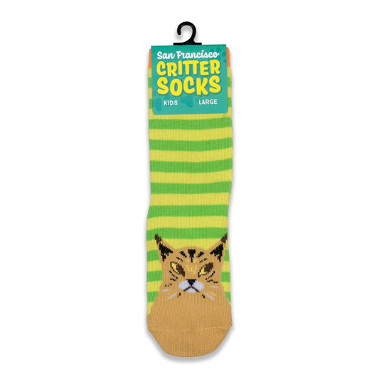 Multicolor striped yellow-green San Francisco Critter kids socks, with bobcat design and non-skid "tracks" feature on sole.