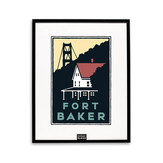 Framed 22 x 28 inch Fort Baker silk-screened poster, art by Michael Schwab.