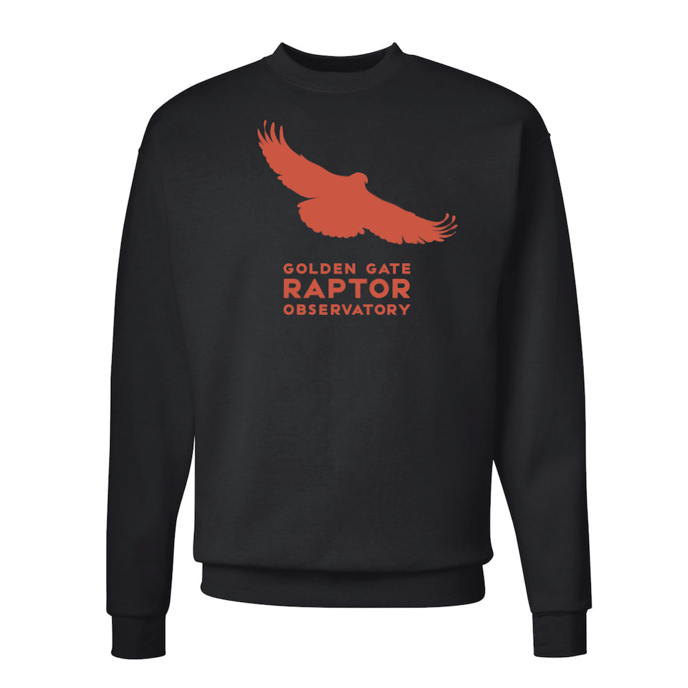 Golden Gate Raptor Observatory crewneck sweatshirt, black with orange screen-printed design of flying raptor on chest.