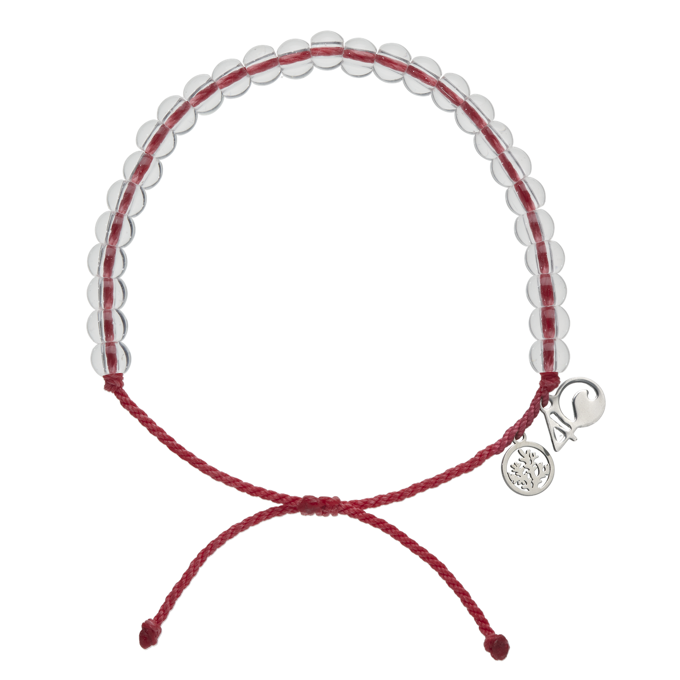 4Ocean Hawaiian Coral Reef Bracelet, with red recycled plastic cord, colorless recycled glass beads, and recycled steel metal charms.