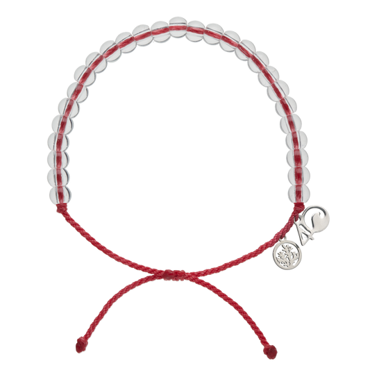 4Ocean Hawaiian Coral Reef Bracelet, with red recycled plastic cord, colorless recycled glass beads, and recycled steel metal charms.