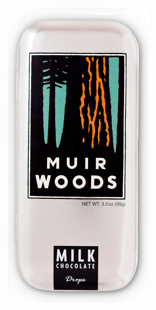 Gourmet milk chocolate drops, packaged in metal gift tin with multicolor Muir Woods tree logo. Artwork by Michael Schwab.