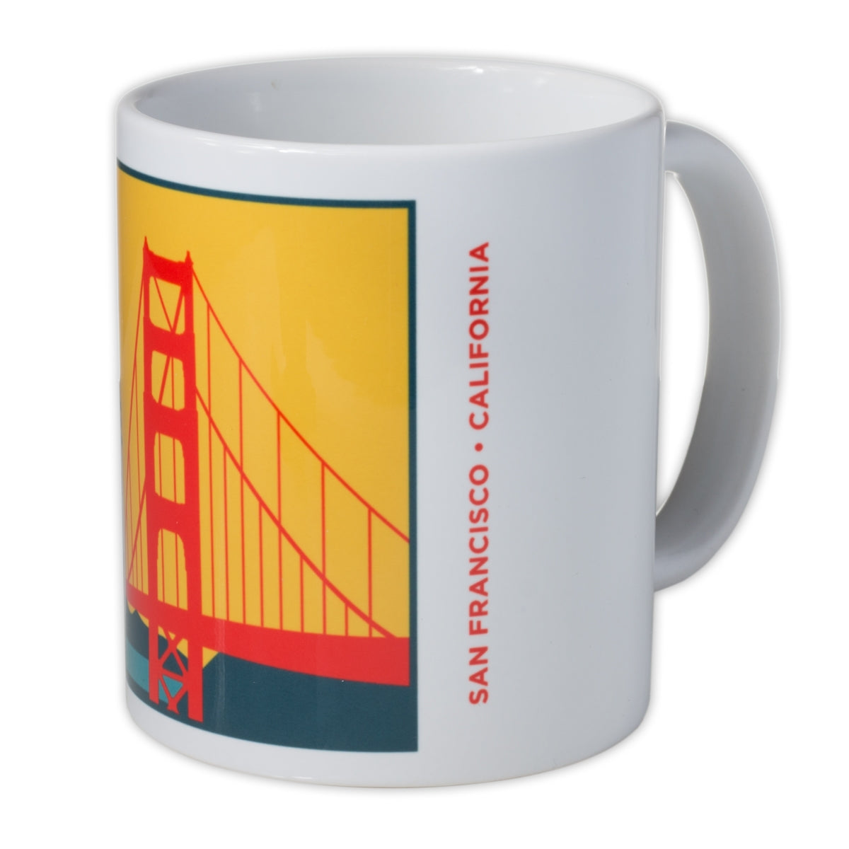 11 oz. white mug with yellow, orange, and teal "I Crossed the Golden Gate Bridge" vintage-inspired design.