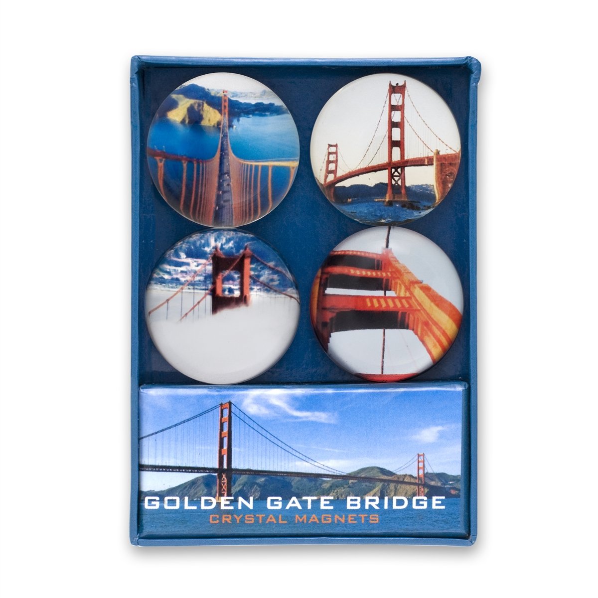 Multicolor Golden Gate Bridge crystal magnet set, featuring 4 photos of San Francisco's famous span.
