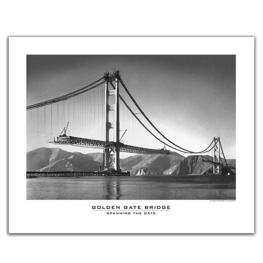 20 x 26 inch Golden Gate Bridge poster, featuring black-and-white historical photograph of span during construction.