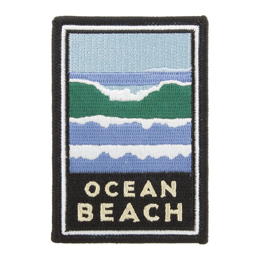 Multicolor embroidered patch featuring San Francisco Ocean Beach design, based on artwork by Michael Schwab.