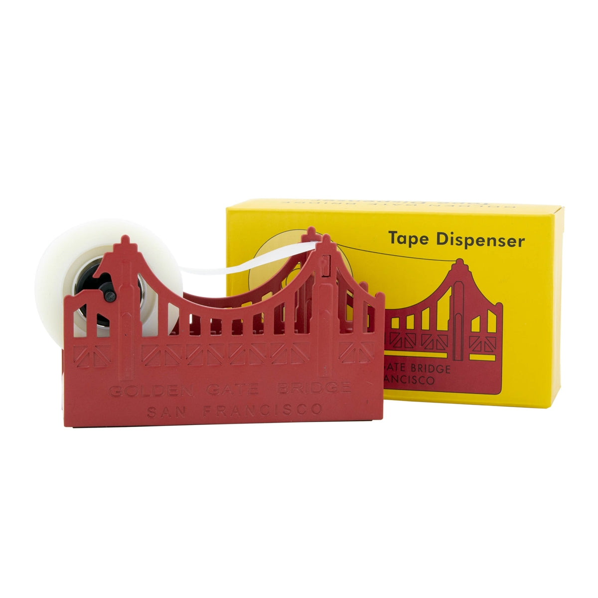 International Orange coated steel Golden Gate Bridge tape dispenser.