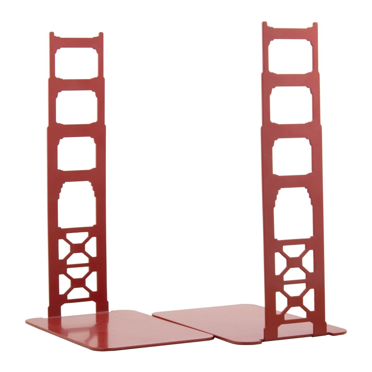 Set of 2 Golden Gate Bridge Art Deco tower bookends, International Orange coated steel.