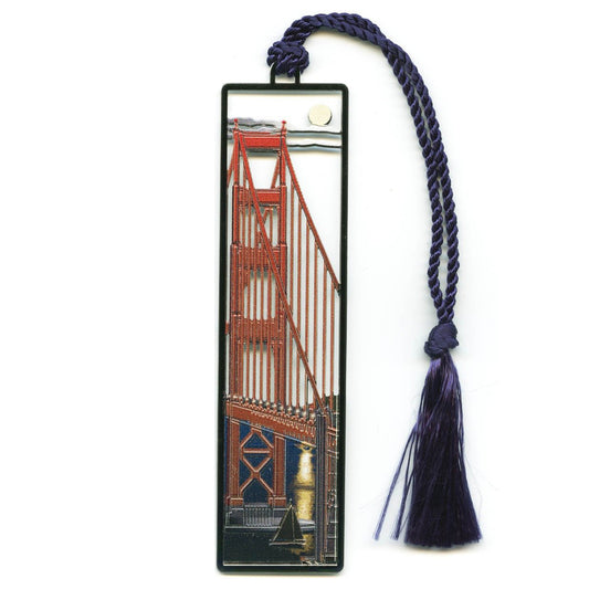 Rectangular bookmark featuring a colorful illustration of the Golden Gate Bridge by moonlight on cutout metal background, with navy blue satin cord..