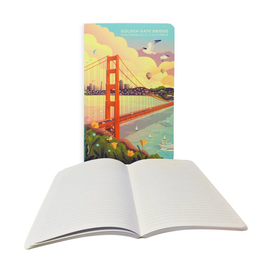 Narrow-rule lined journal featuring whimsical illustration of Golden Gate Bridge and San Francisco on cover.