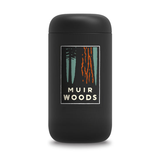 12-ounce Muir Woods travel mug made in partnership with Fellow, multicolor redwood forest illustration by Michael Schwab on black thermos