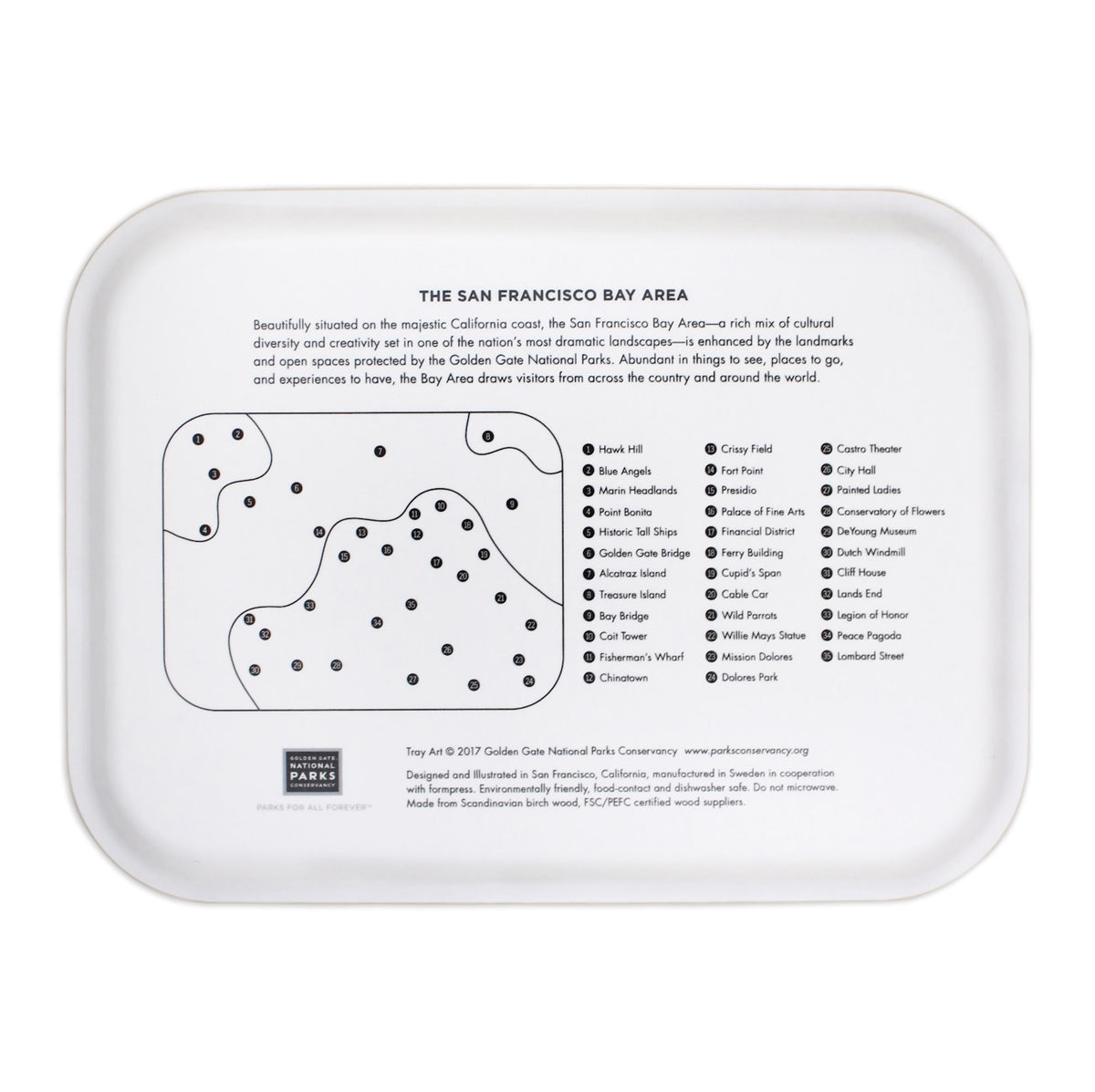 Wooden tray featuring colorful illustrated map of the San Francisco Bay Area's famous landmarks.