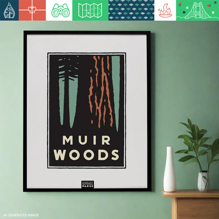 Muir Woods poster framed on green wall, with festive holiday banner, art by Michael Schwab