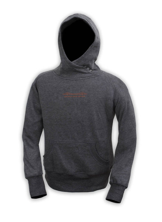 Grey hoodie with asymmetrical buttoned collar and orange Golden Gate Bridge design detail on chest.