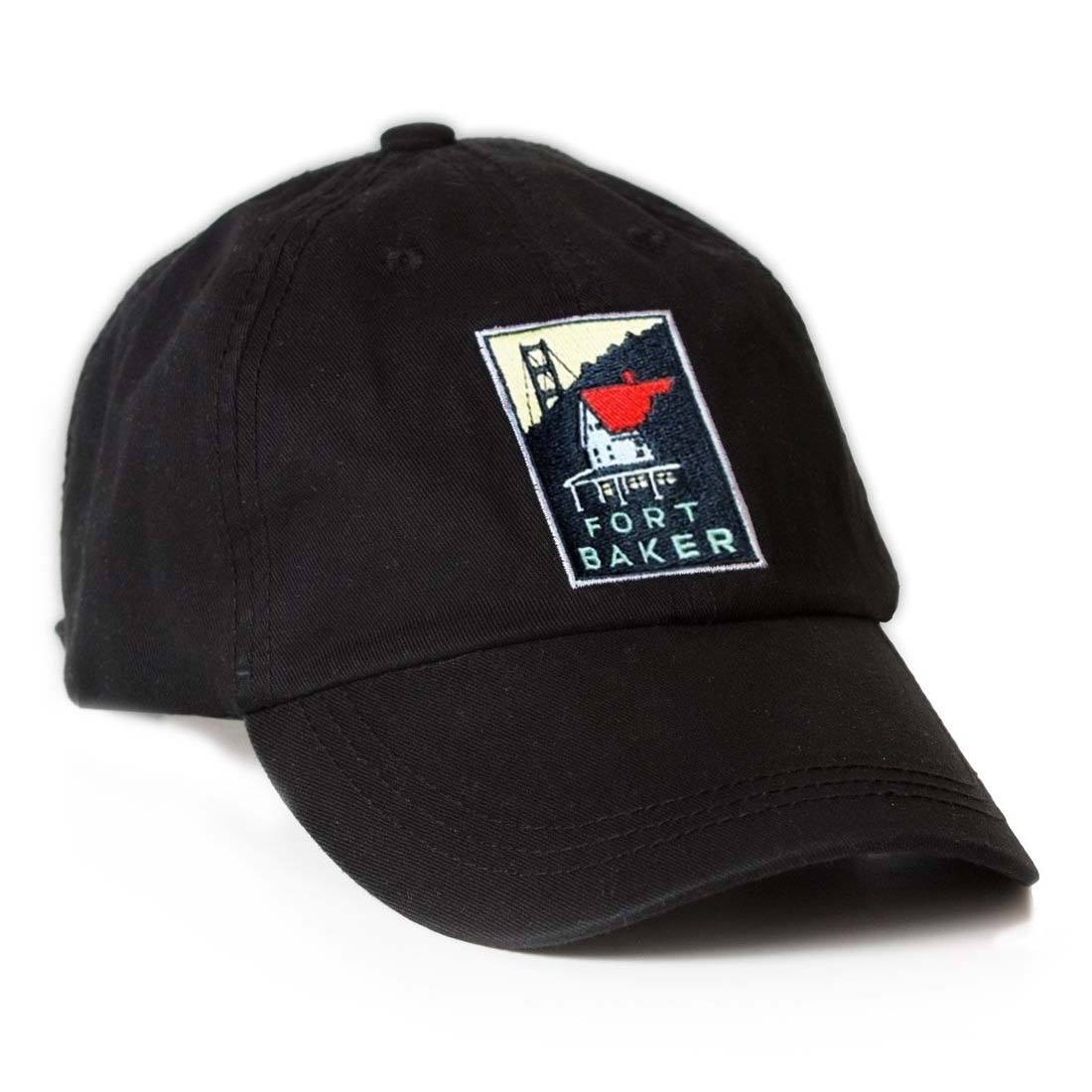 Black baseball cap with embroidered Fort Baker design, art by Michael Schwab, produced by the Golden Gate National Parks Conservancy
