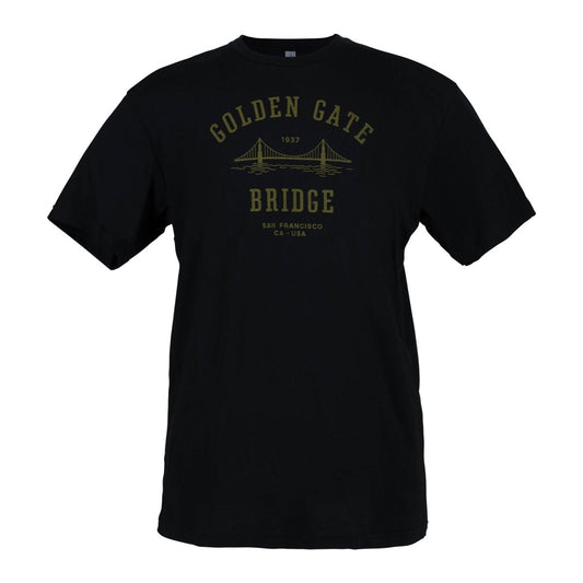 Black t-shirt with yellow vintage-style screen-printed design of Golden Gate Bridge on chest.